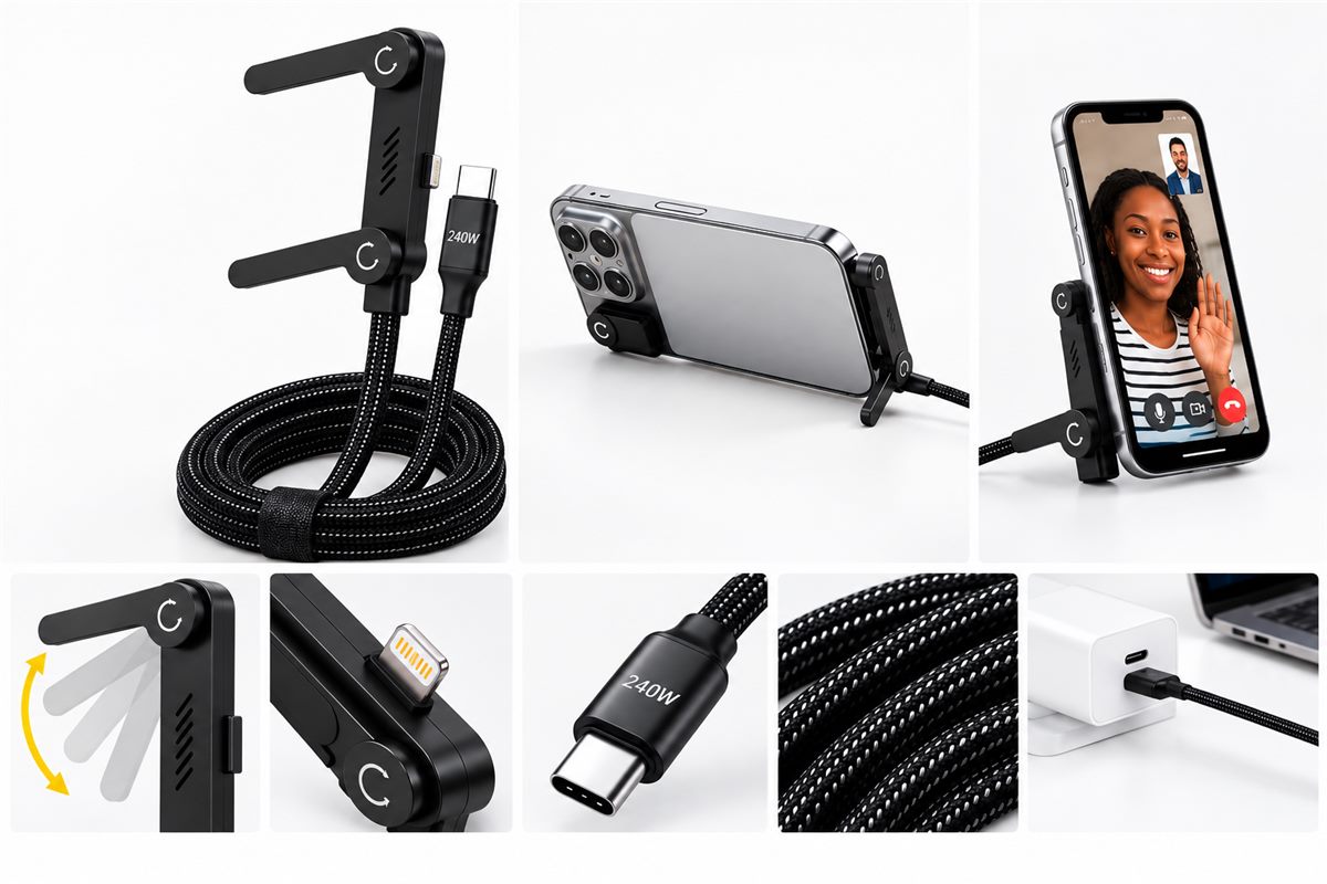 Détails du câble : support pliant, connecteurs Lightning et USB-C, gainage tressé, appel vidéo