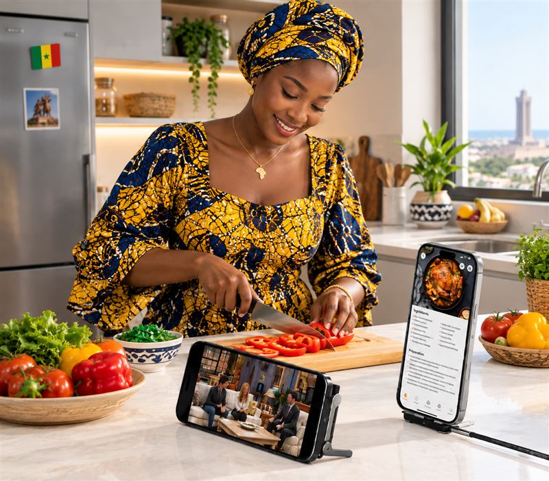 En cuisine, deux téléphones sur leur support pliant : une vidéo et une recette