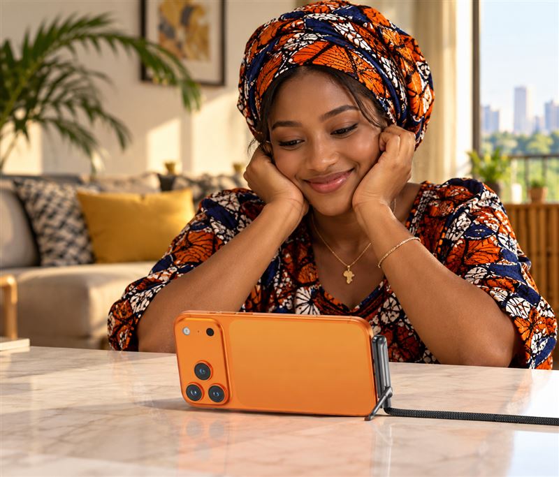 Femme regardant son téléphone tenu à l’horizontale par le support pliant, dans un salon